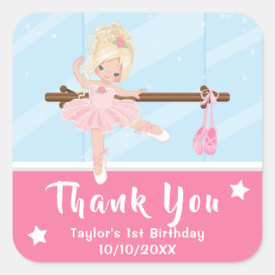 Sticker Carré Blonde cheveux Ballerina rose Merci d'anniversaire
