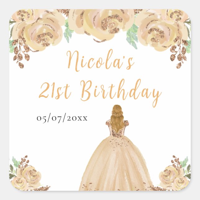 Sticker Carré Blonde Hair Princess Peach Floral Birthday Party (Devant)