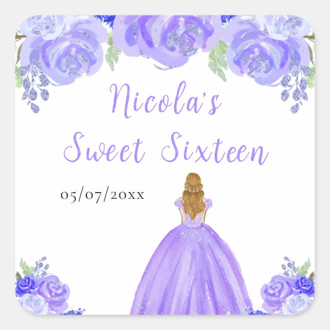 Sticker Carré Blonde Hair Princess Purple Floral Sweet Sixteen  (Devant)