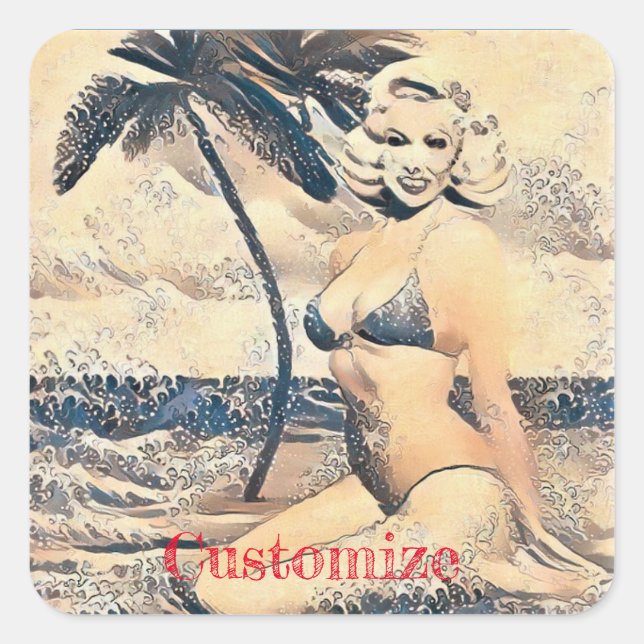 Sticker Carré Blonde Kneeling Modèle de bikini Thunder_Cove (Devant)