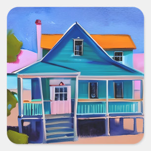 Sticker Carré Blue Beach House Vacances Art Quirky
