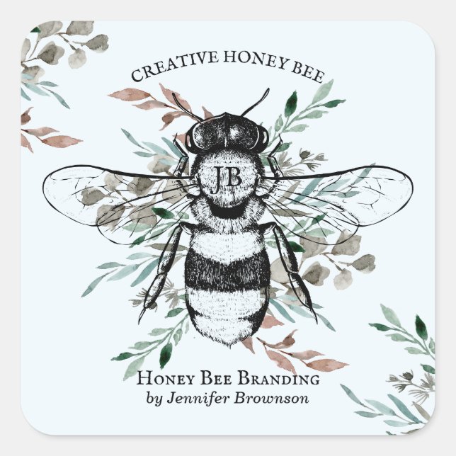 Sticker Carré Blue Bee Apiary Flower Honey Marketing (Devant)