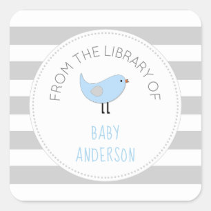 Sticker Carré Blue Bird garçon baby shower bibliothèque / livre
