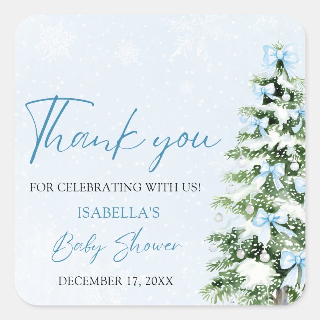 Sticker Carré Blue Bows Christmas Tree Boy Baby shower d'hiver (Devant)