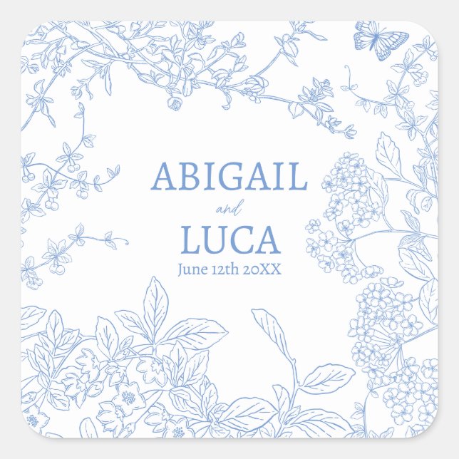 Sticker Carré Blue Chinoiserie Toile de Jouy Mariage Date de sau (Devant)