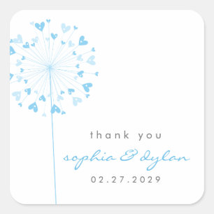 Sticker Carré Blue Dandelion Flower Love Hearts Mariage d'été