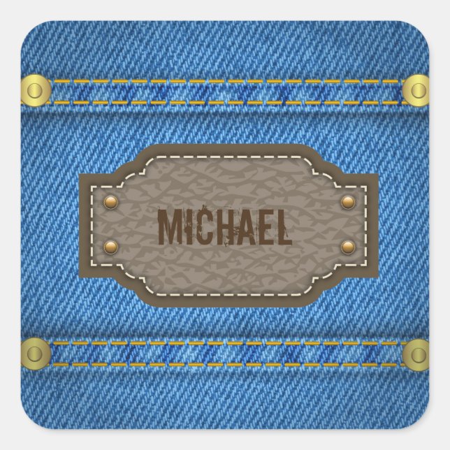 Sticker Carré Blue denim jeans with leather name (Devant)