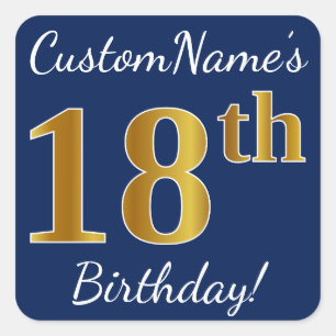 Sticker Carré Blue, Faux Gold 18e anniversaire + Nom personnalis