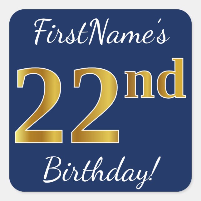Sticker Carré Blue, Faux Gold 22e anniversaire + Nom personnalis (Devant)