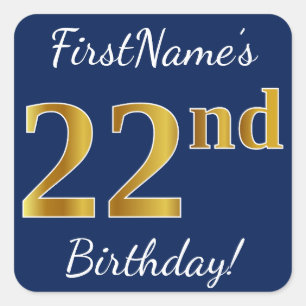 Sticker Carré Blue, Faux Gold 22e anniversaire + Nom personnalis