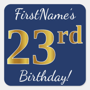 Sticker Carré Blue, Faux Gold 23e anniversaire + Nom personnalis