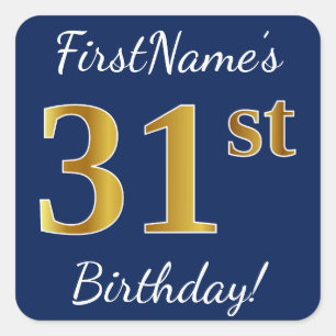 Sticker Carré Blue, Faux Gold 31e anniversaire + Nom personnalis