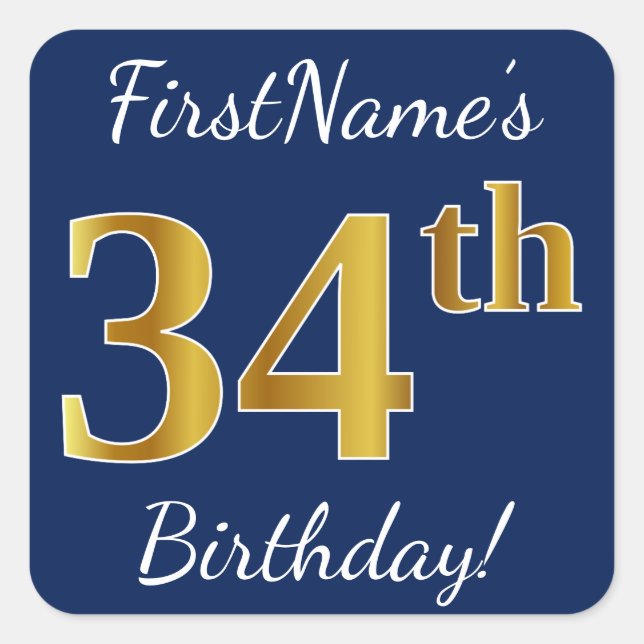 Sticker Carré Blue, Faux Gold 34e anniversaire + Nom personnalis (Devant)