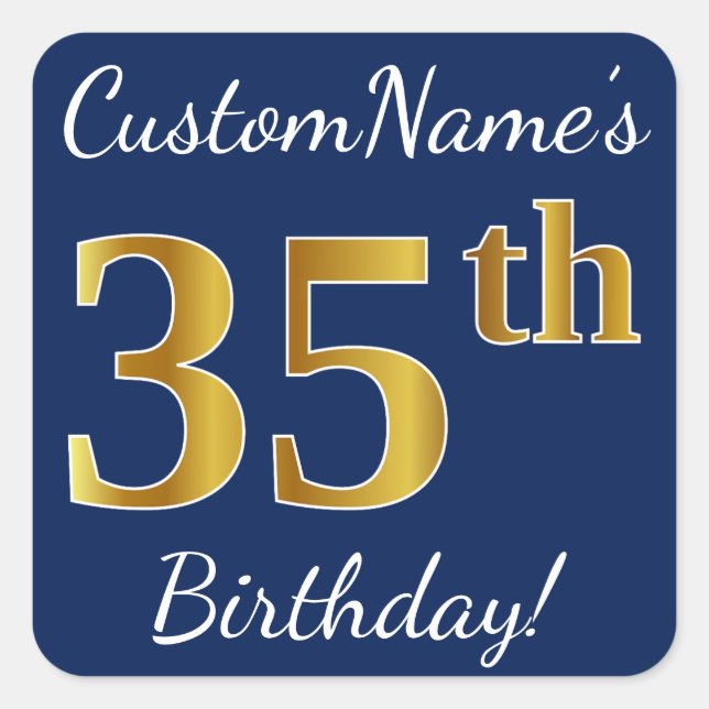 Sticker Carré Blue, Faux Gold 35e anniversaire + Nom personnalis (Devant)