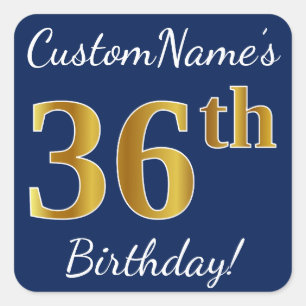 Sticker Carré Blue, Faux Gold 36e anniversaire + Nom personnalis