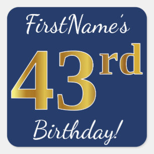 Sticker Carré Blue, Faux Gold 43ème anniversaire + Nom personnal