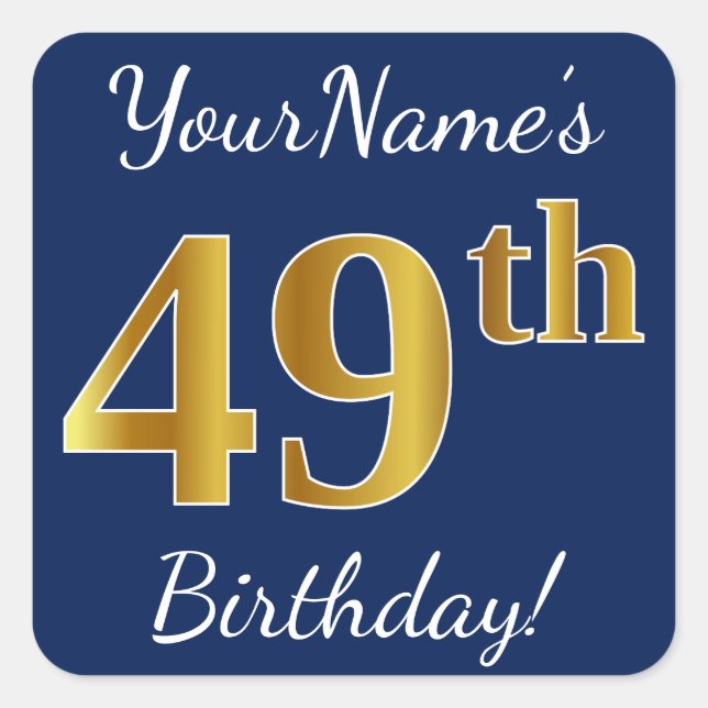 Sticker Carré Blue, Faux Gold 49e anniversaire + Nom personnalis (Devant)