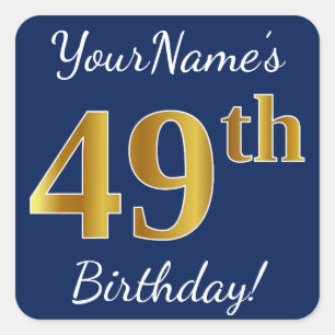Sticker Carré Blue, Faux Gold 49e anniversaire + Nom personnalis