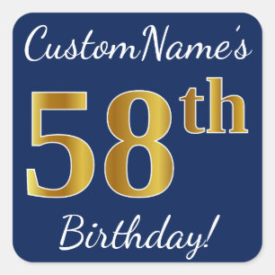 Sticker Carré Blue, Faux Gold 58e anniversaire + Nom personnalis