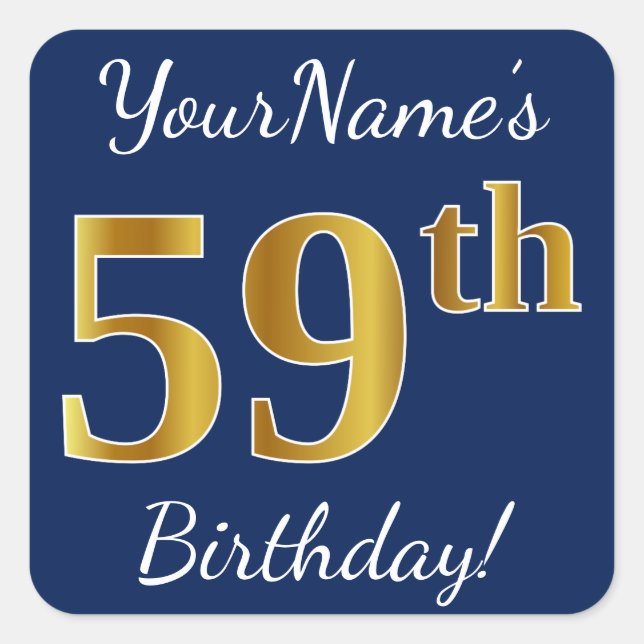 Sticker Carré Blue, Faux Gold 59e anniversaire + Nom personnalis (Devant)