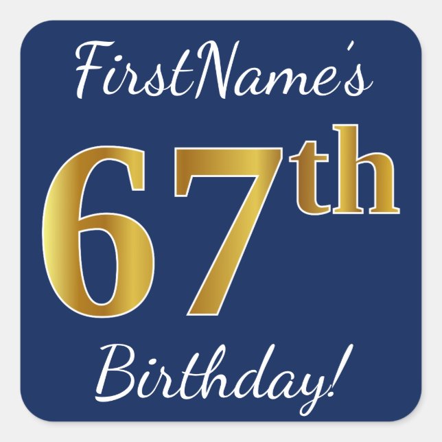 Sticker Carré Blue, Faux Gold 67e anniversaire + Nom personnalis (Devant)