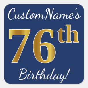 Sticker Carré Blue, Faux Gold 76e anniversaire + Nom personnalis