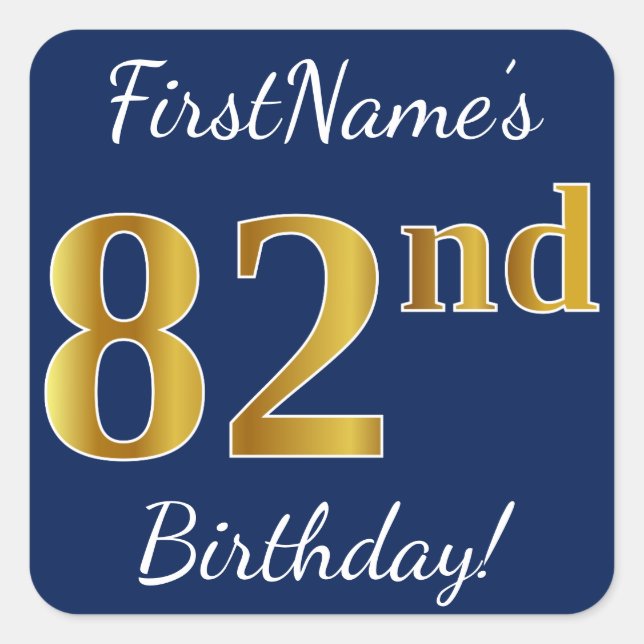 Sticker Carré Blue, Faux Gold 82e anniversaire + Nom personnalis (Devant)