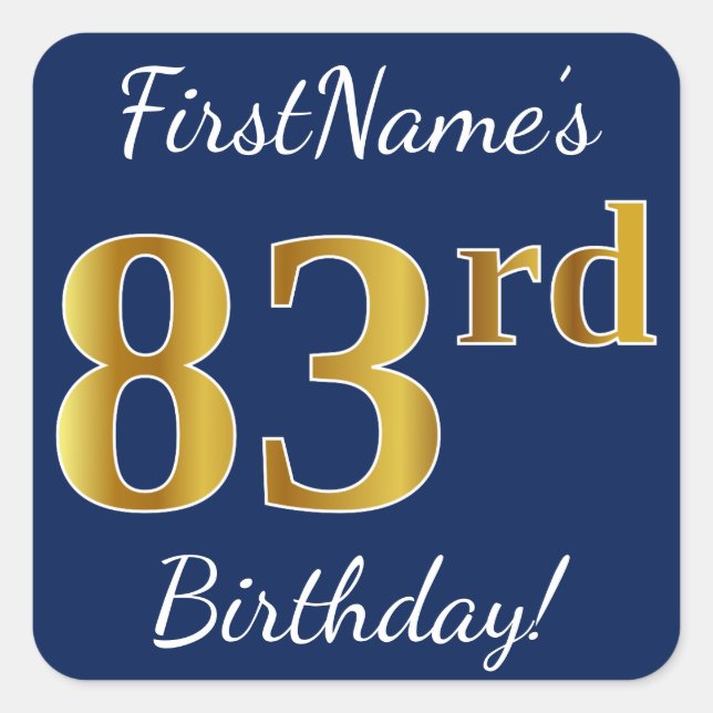 Sticker Carré Blue, Faux Gold 83e anniversaire + Nom personnalis (Devant)