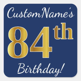 Sticker Carré Blue, Faux Gold 84e anniversaire + Nom personnalis