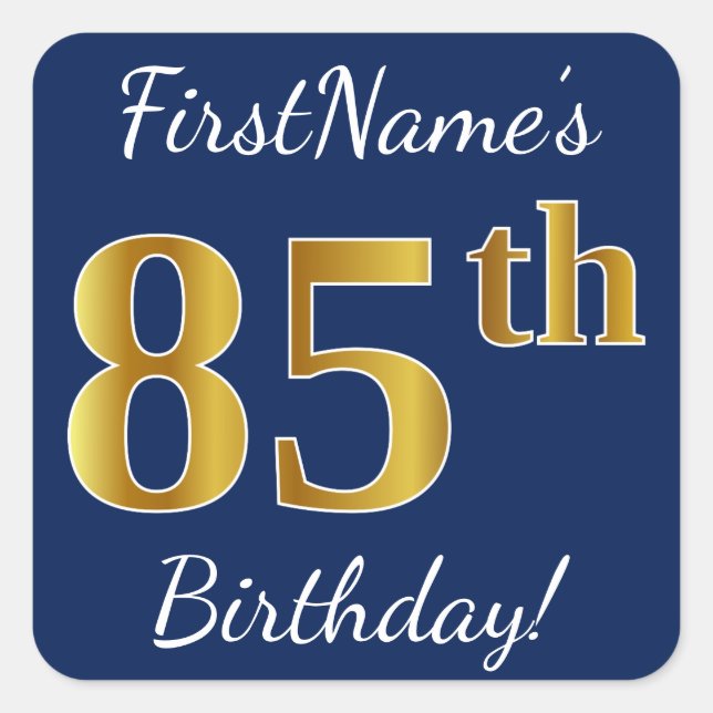 Sticker Carré Blue, Faux Gold 85e anniversaire + Nom personnalis (Devant)