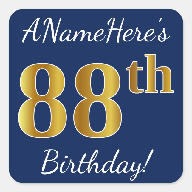 Sticker Carré Blue, Faux Gold 88e anniversaire + Nom personnalis (Devant)