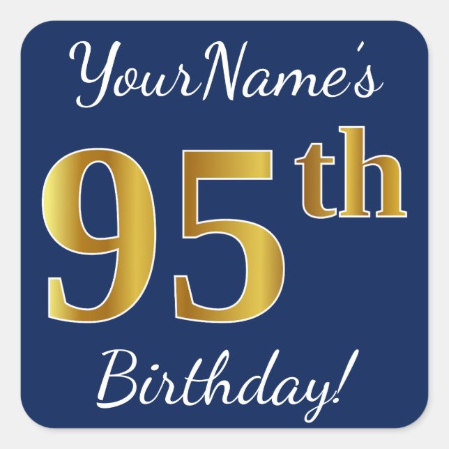 Sticker Carré Blue, Faux Gold 95e anniversaire + Nom personnalis (Devant)