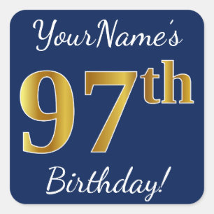 Sticker Carré Blue, Faux Gold 97e anniversaire + Nom personnalis