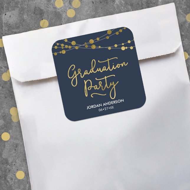 Sticker Carré Blue Faux Gold Strings of Lights Graduation Party (Créateur téléchargé)