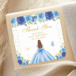 Sticker Carré Blue Floral Brown Hair Princess Anniversaire