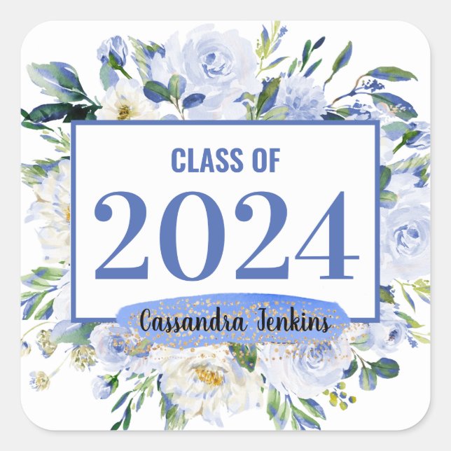 Sticker Carré Blue Floral Rose Année de graduation (Devant)