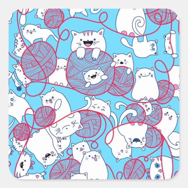 Sticker Carré Blue Funny mignonne Tricot Kitten Ball (Devant)