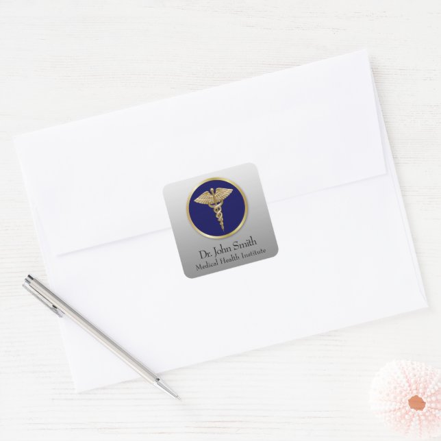 Sticker Carré Blue Gold Professional Médicale Caduceus (Enveloppe)