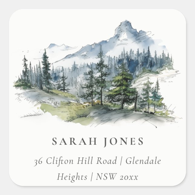 Sticker Carré Blue Green Woods Mountain Landcape Sketch Adresse (Devant)