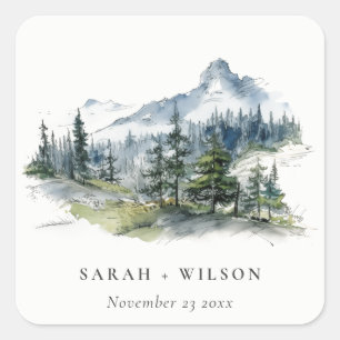 Sticker Carré Blue Green Woods Mountain Paysage Mariage de croqu