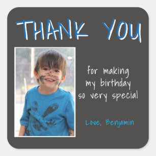 Sticker Carré Blue Grey Birthday Boy Photo Merci Favor