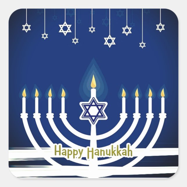 Sticker Carré Blue Happy Hanoukka Star Menorah lumières bougies (Devant)