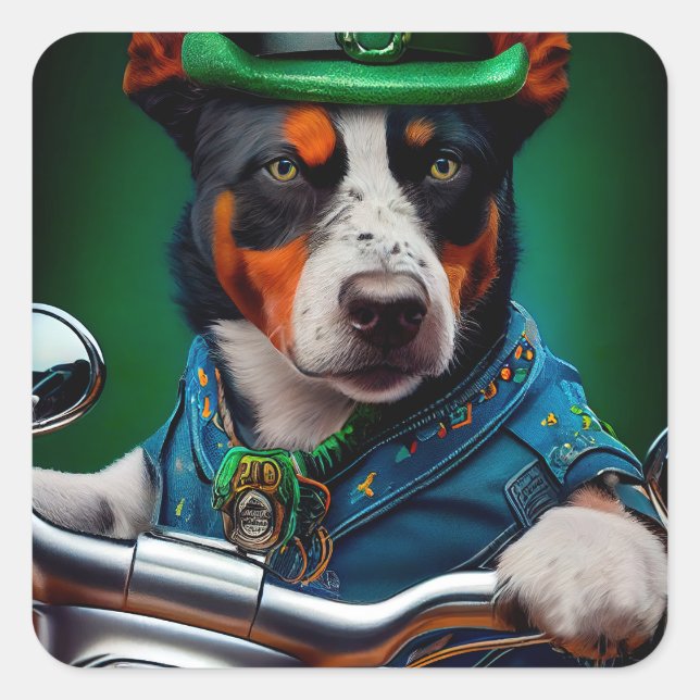 Sticker Carré Blue Heeler Chien Conduite Vélo St. Patrick's Day (Devant)