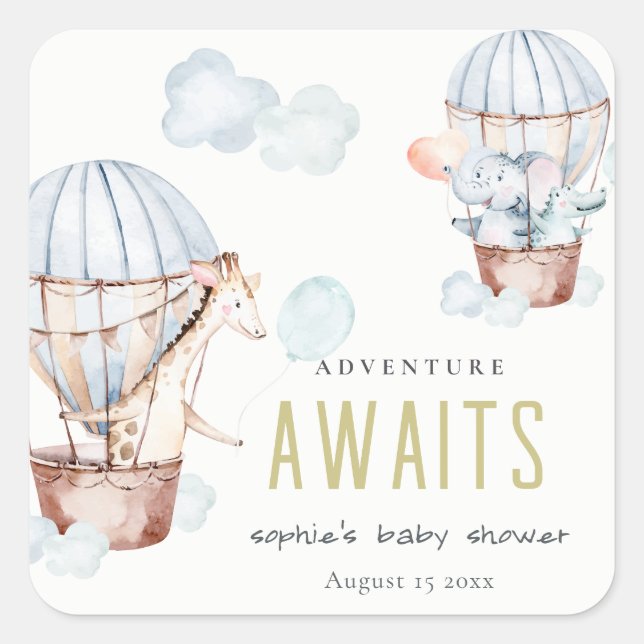 Sticker Carré Blue Hot Air Balloon Safari Animaux Baby shower (Devant)