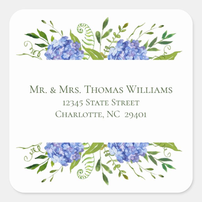 Sticker Carré Blue Hydrangeas Adresse Mariage (Devant)