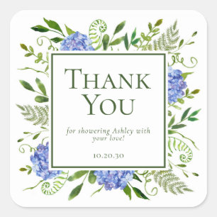Sticker Carré Blue Hydrangeas Boy Baby shower Merci