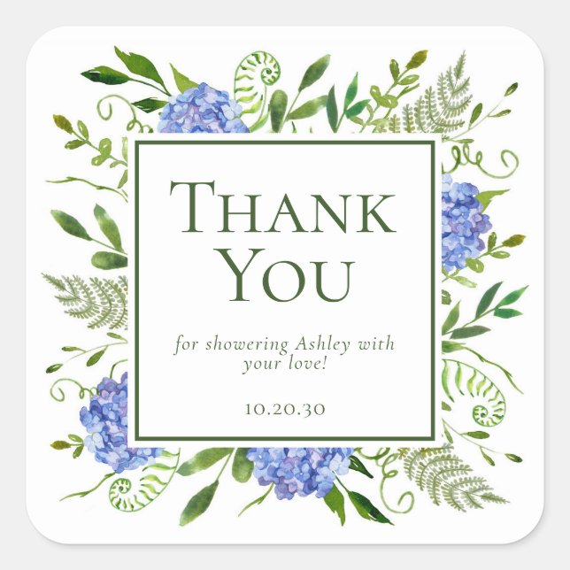 Sticker Carré Blue Hydrangeas Boy Baby shower Merci (Devant)