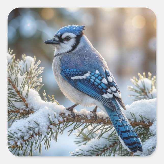 Sticker Carré Blue Jay Perched On a Snowy Pine  (Devant)