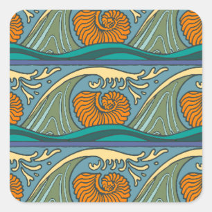 Sticker Carré Blue Ocean Waves Nautilus Seashell Motif Nouveau