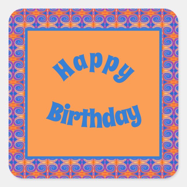 Sticker Carré Blue Orange Swirl Motif Joyeux anniversaire (Devant)
